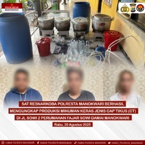Satuan Resnarkoba Polresta Manokwari berhasil mengungkap produksi minuman keras lokal jenis Cap Tikus (CT)