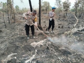 Cegah Kebakaran Susulan, Kapolsek Kurik Bersama Anggota Padamkan Titik Api di Bekas Kebakaran Lahan
